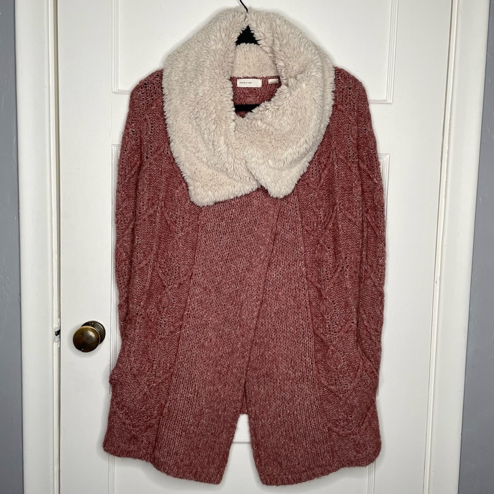 Sleeping On Snow Anthropologie Pink/Rose Knit Cardigan w/ Sherpa Collar Medium
